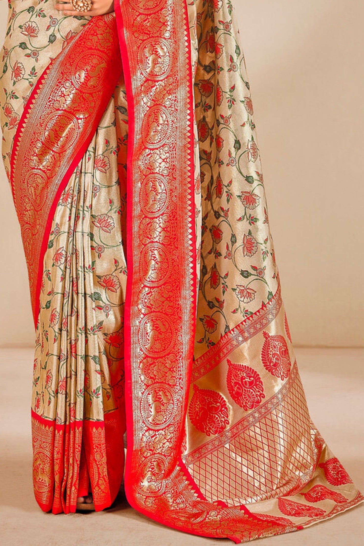 Apricot Cream and Red Zari Woven Banarasi Saree