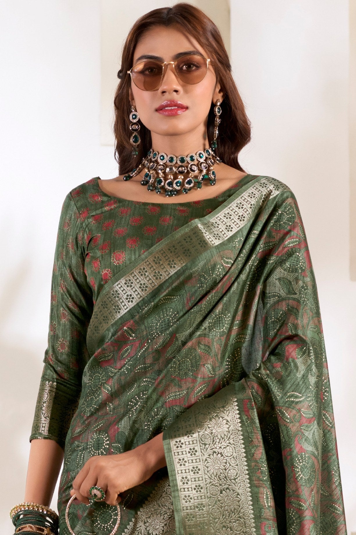 Hemlock Green Soft Dola Silk Saree