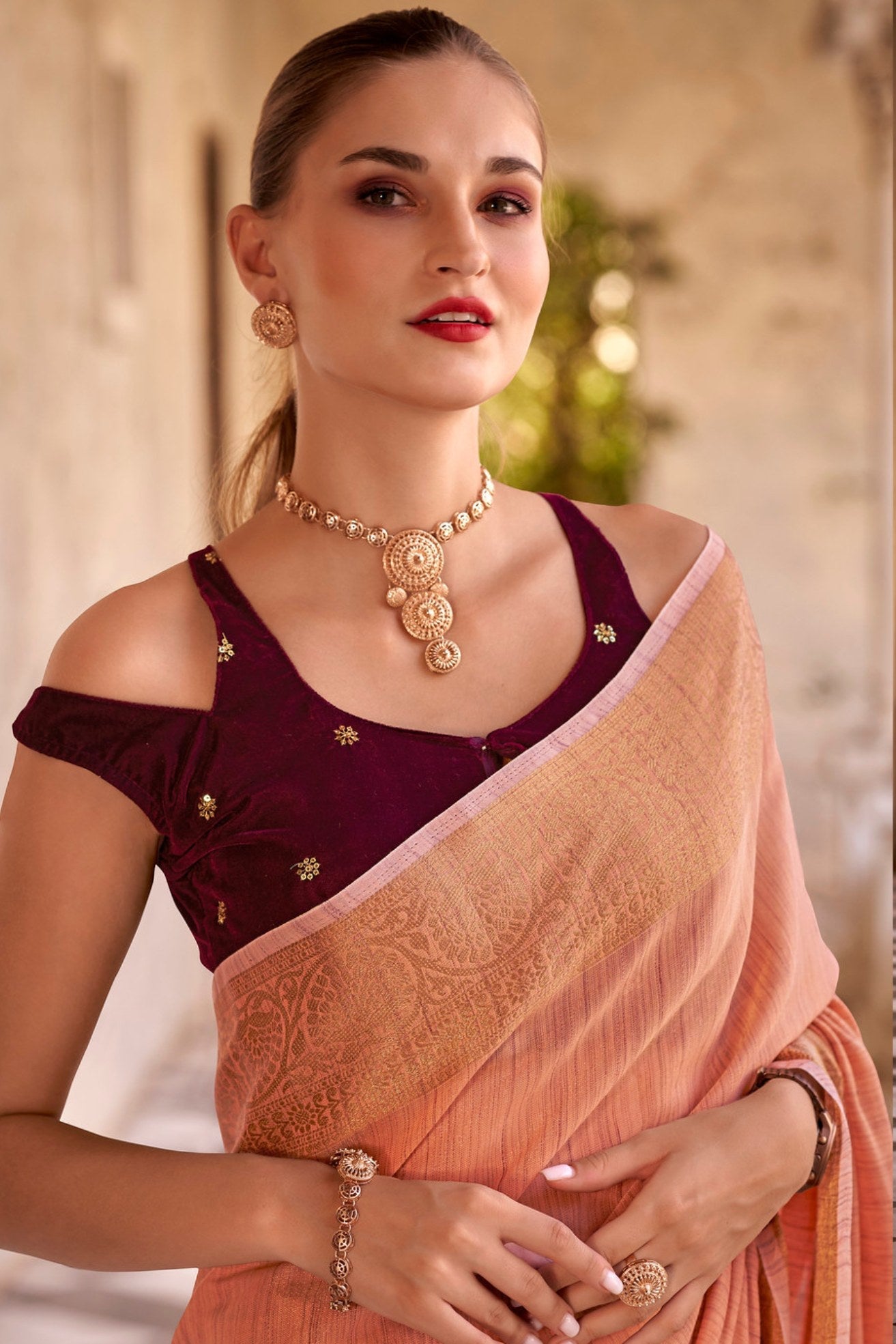 Japonica Orange Zari Woven Linen Saree