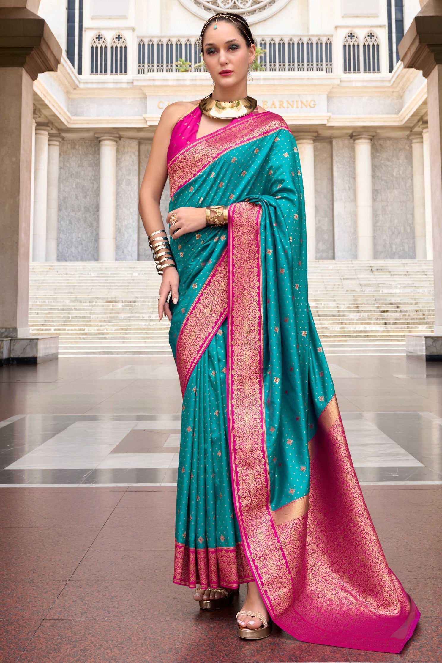 Deep Aqua Blue Zari Woven Banarasi Soft Silk Saree