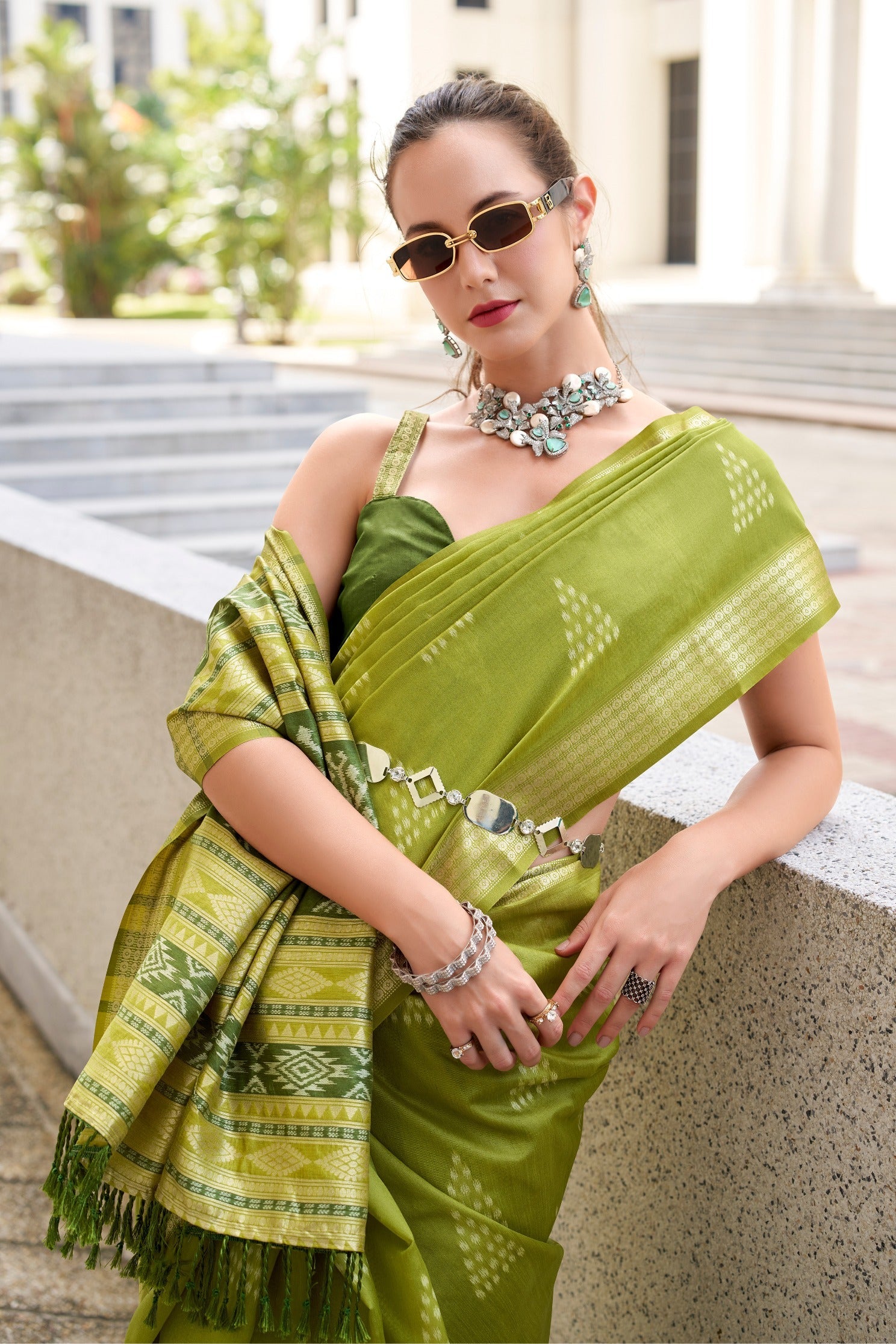 Ceramic Green Ikkat Woven Banarasi Saree