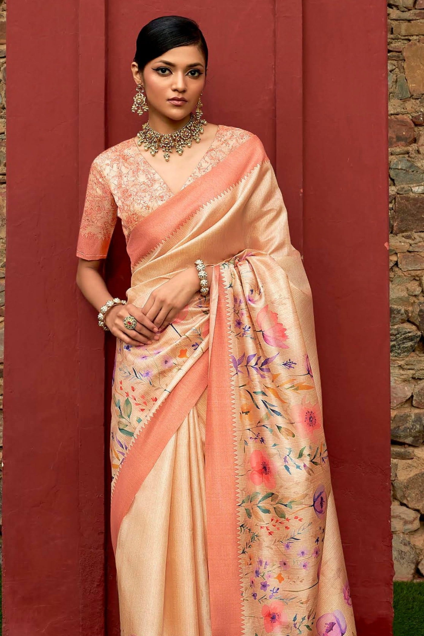 Peach Orange Digital Printed Banarasi Saree