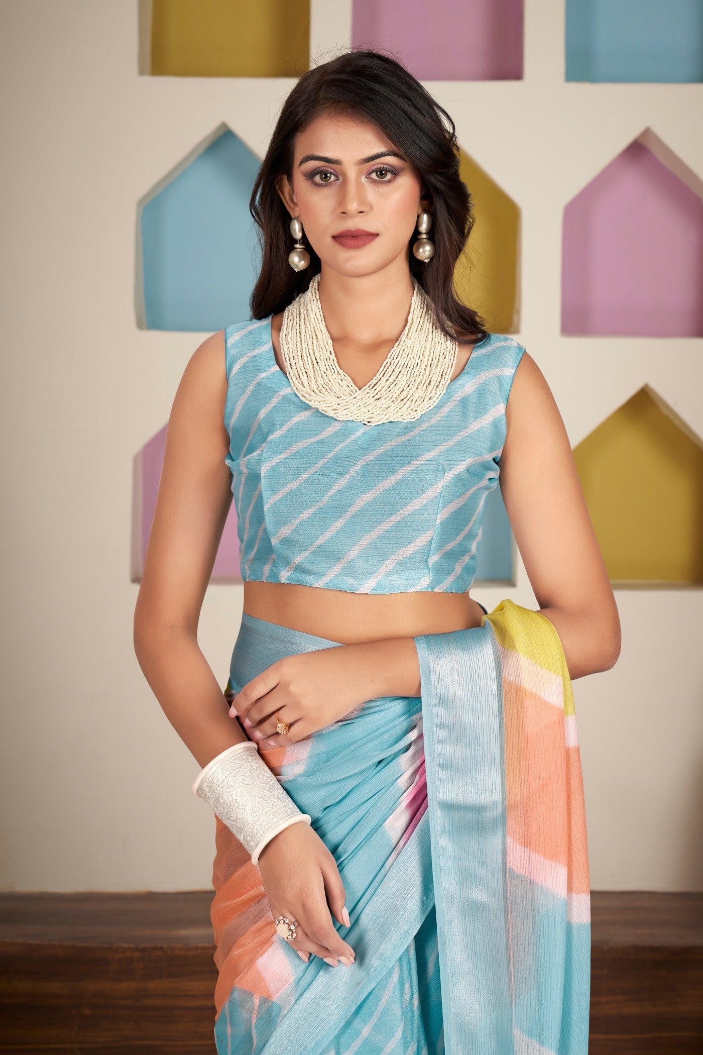 Whale Blue Printed Satin Silk Saree