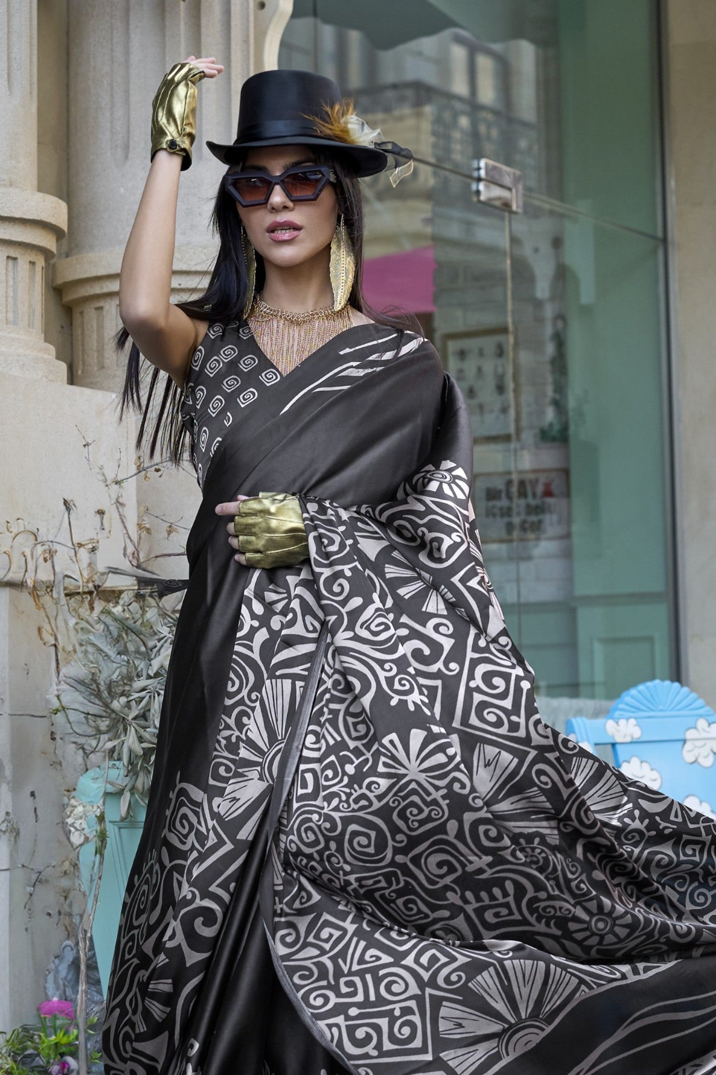 Pitch Black Printed Satin Crepe Silk Saree