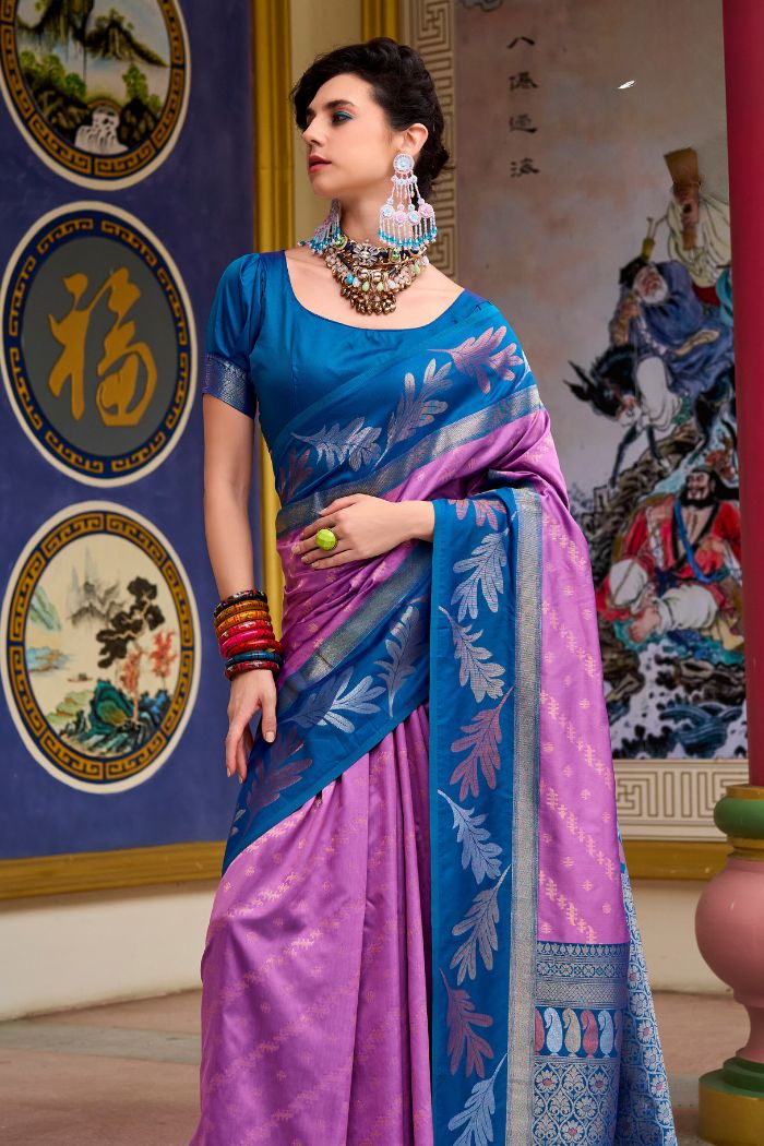 Shocking Pink and Blue Banarasi Soft Silk Saree