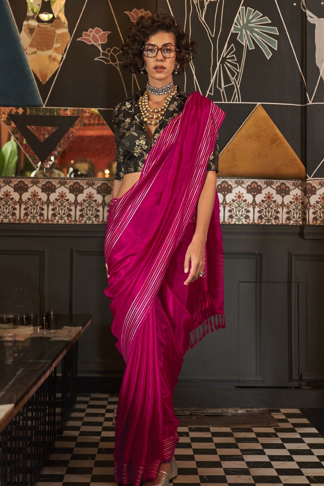 Jazzberry Jam Pink Viscose Satin Handloom Saree