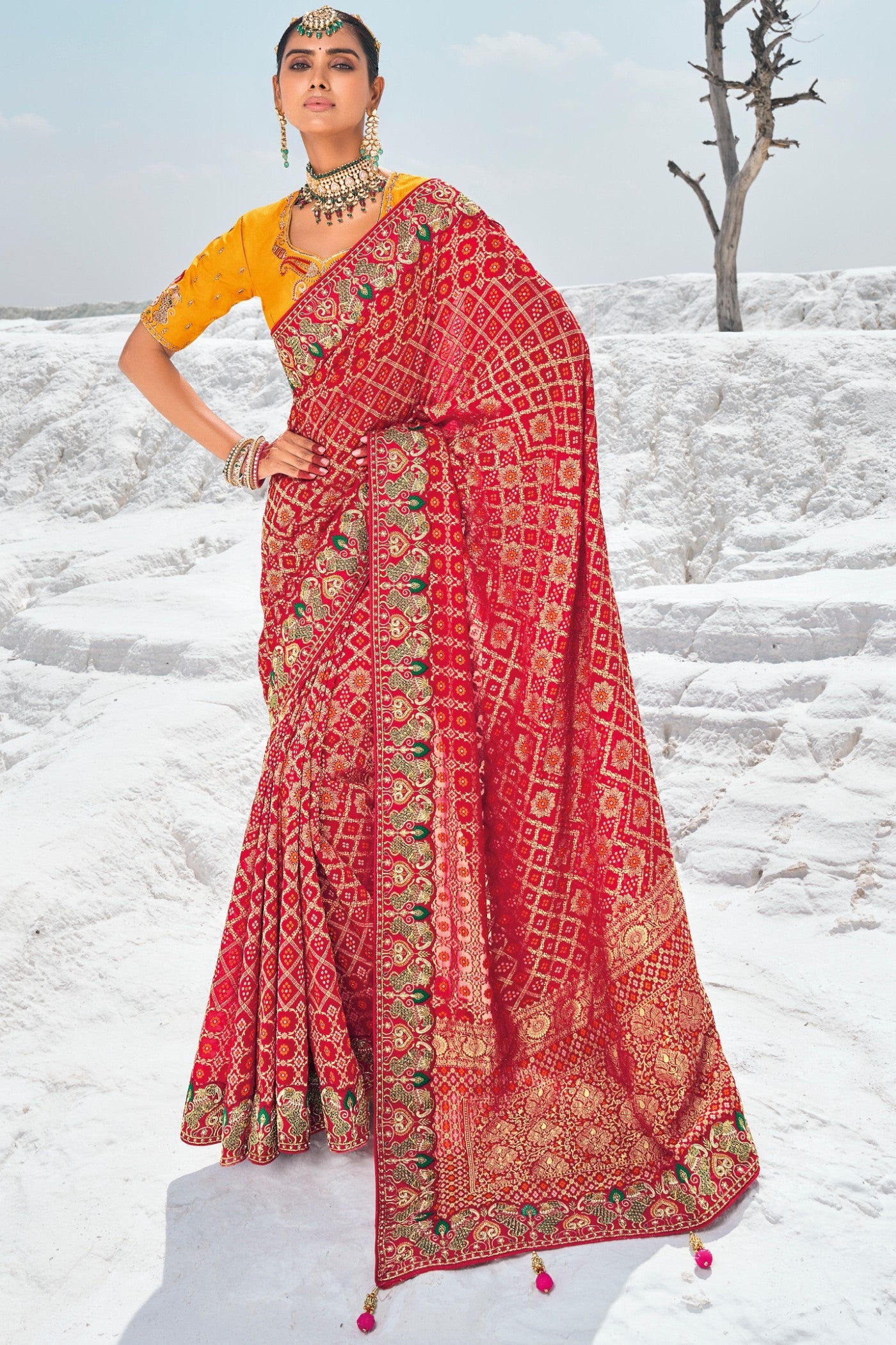 Cherry Red Georgette Patola Saree