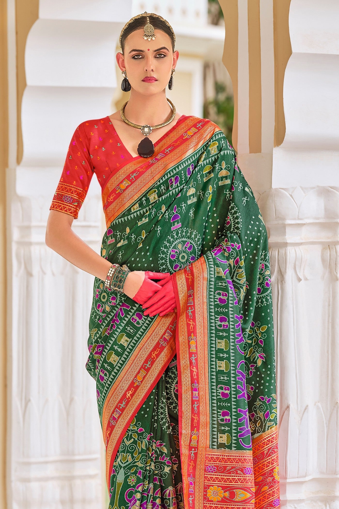 Tom Thumb Green and Red Printed Patola Saree