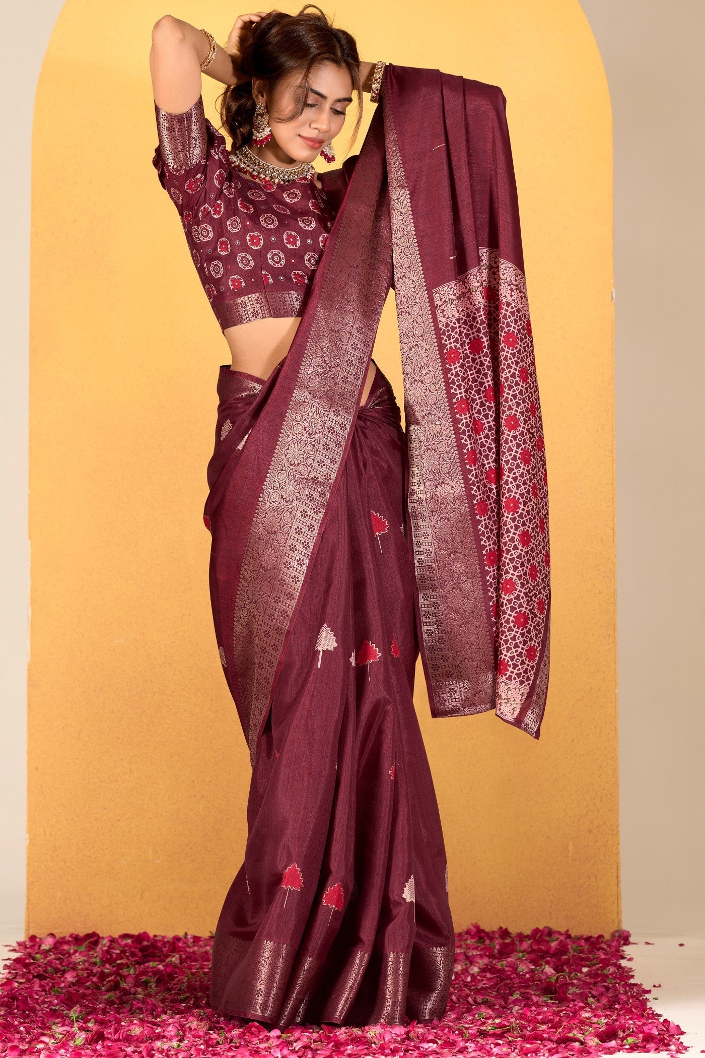 Glossy Maroon Woven Dola Silk Saree