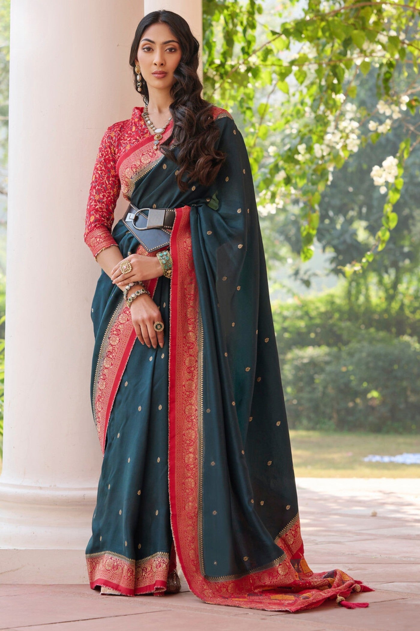 Gable Green and Red Banarasi Handloom Saree