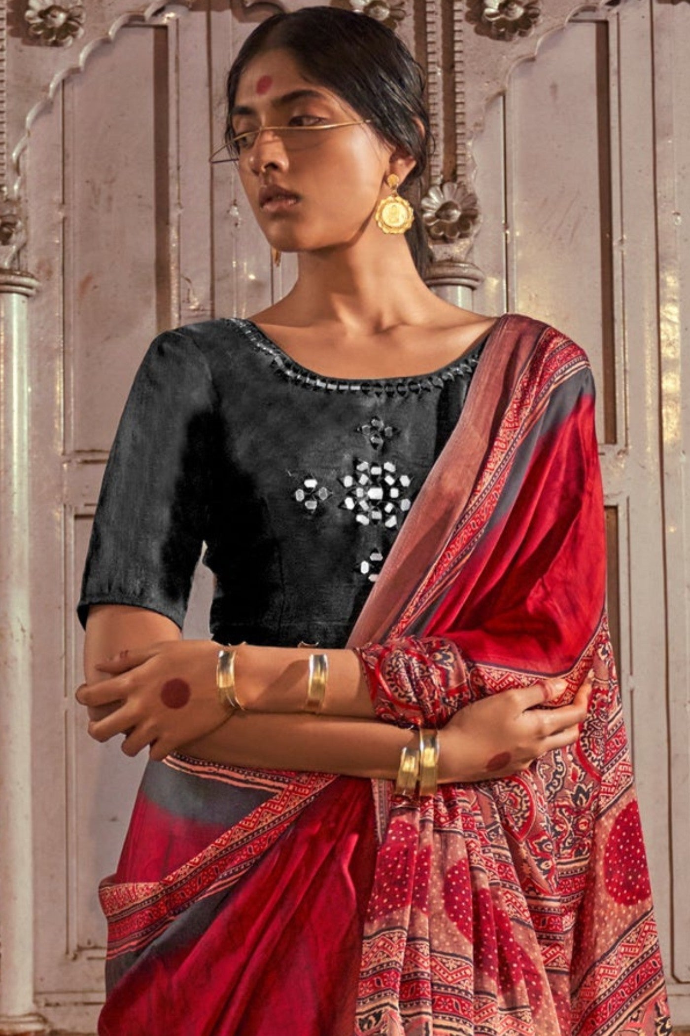 Dark Red Ajrakh Handprinted Satin Saree