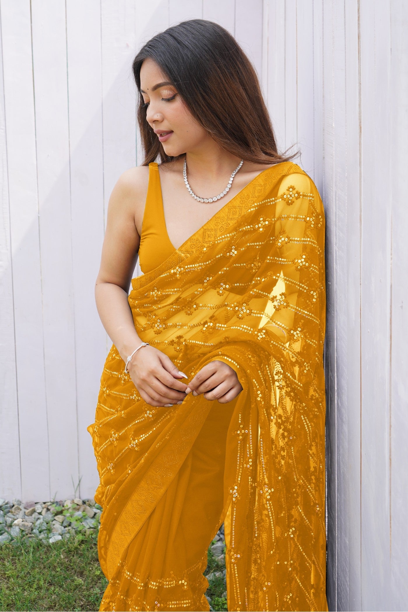 Amber Yellow Embroidered Partywear Saree