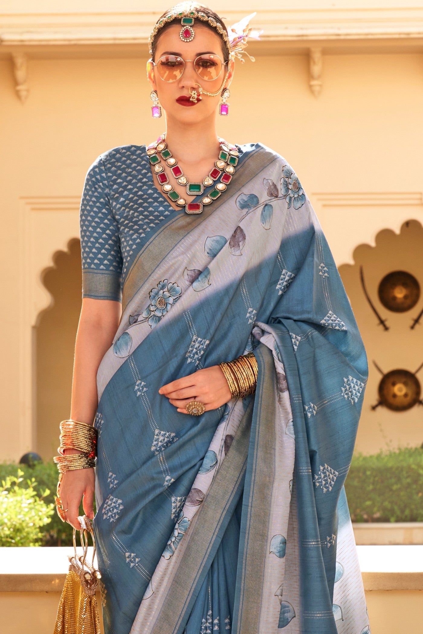 Pewter Blue Floral Printed Banarasi Saree