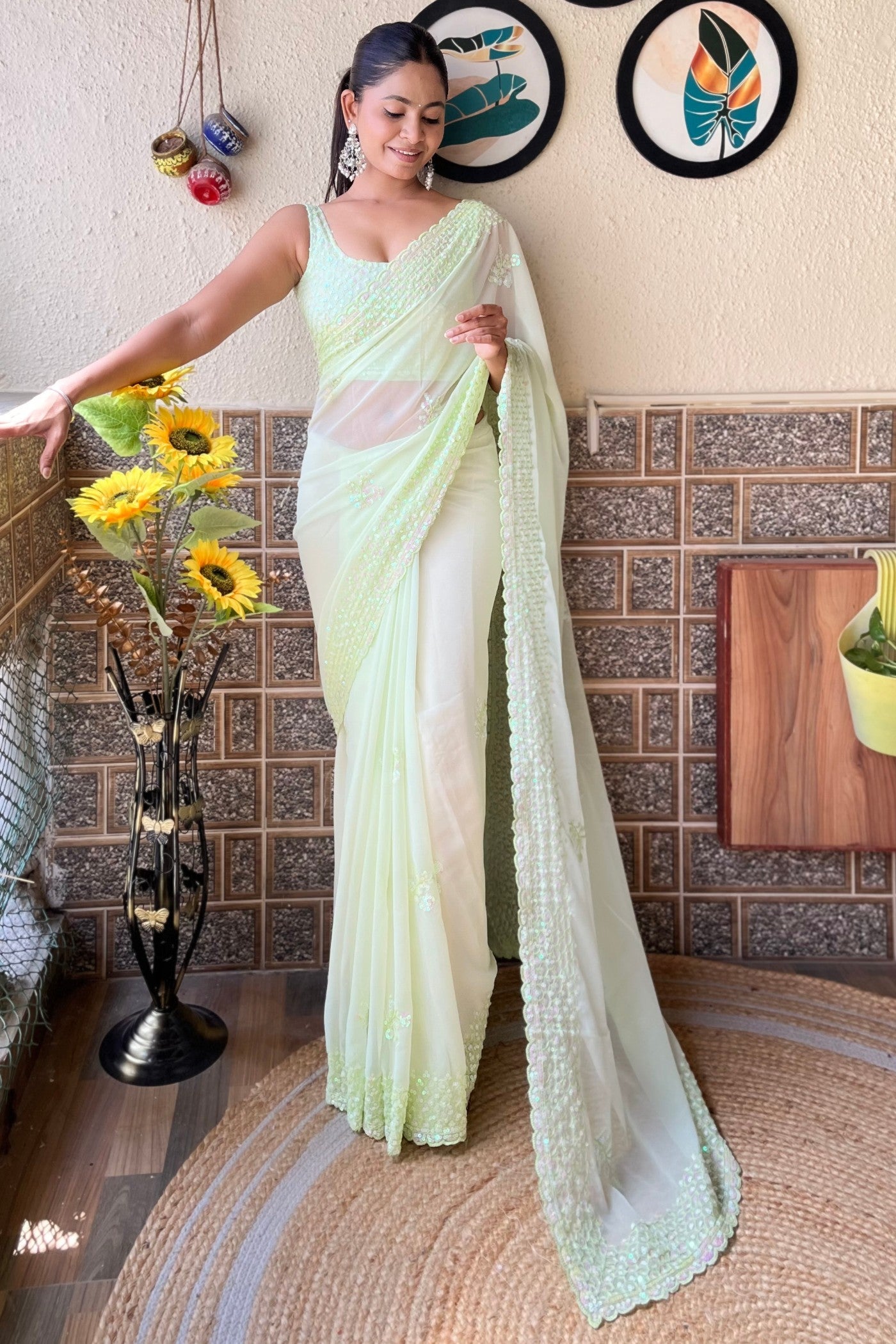 Zinnia Green Embroidery Georgette saree