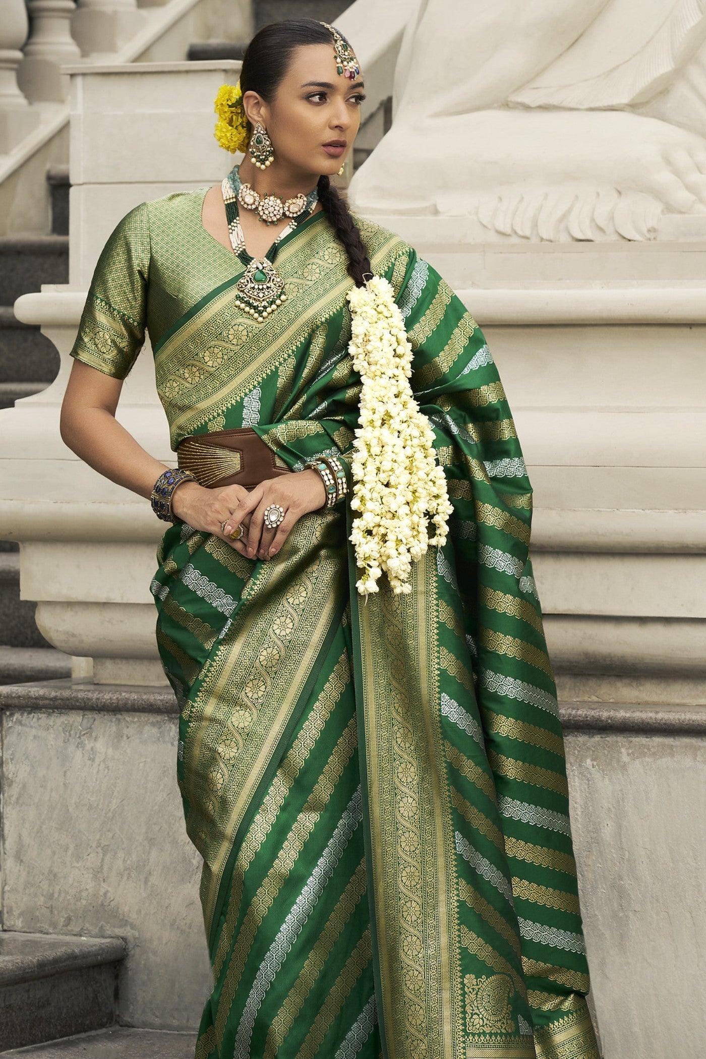 Gray Asparagus Green Woven Banarasi Saree