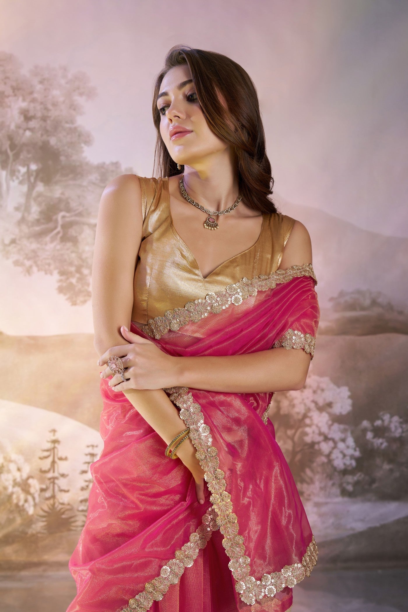 Dusty Pink Partywear Net Saree