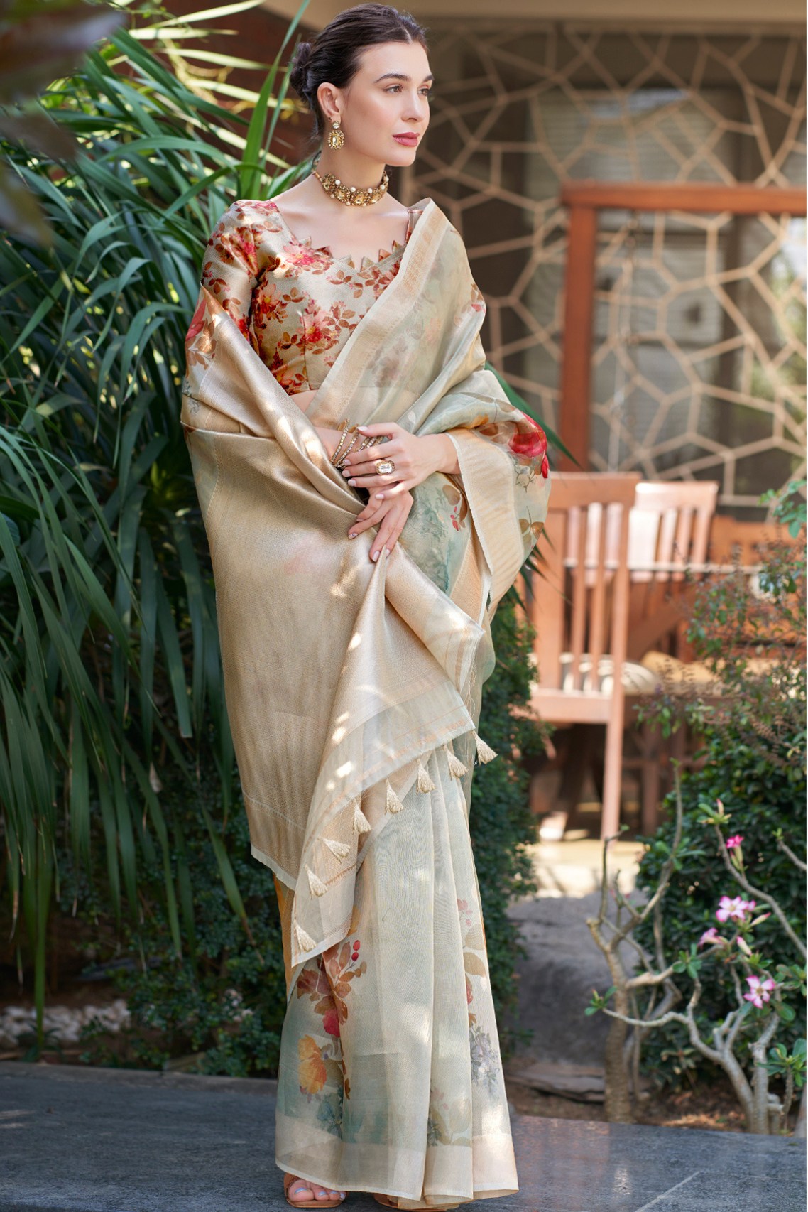 Cotton Seed Green Digital Printed Organza Saree