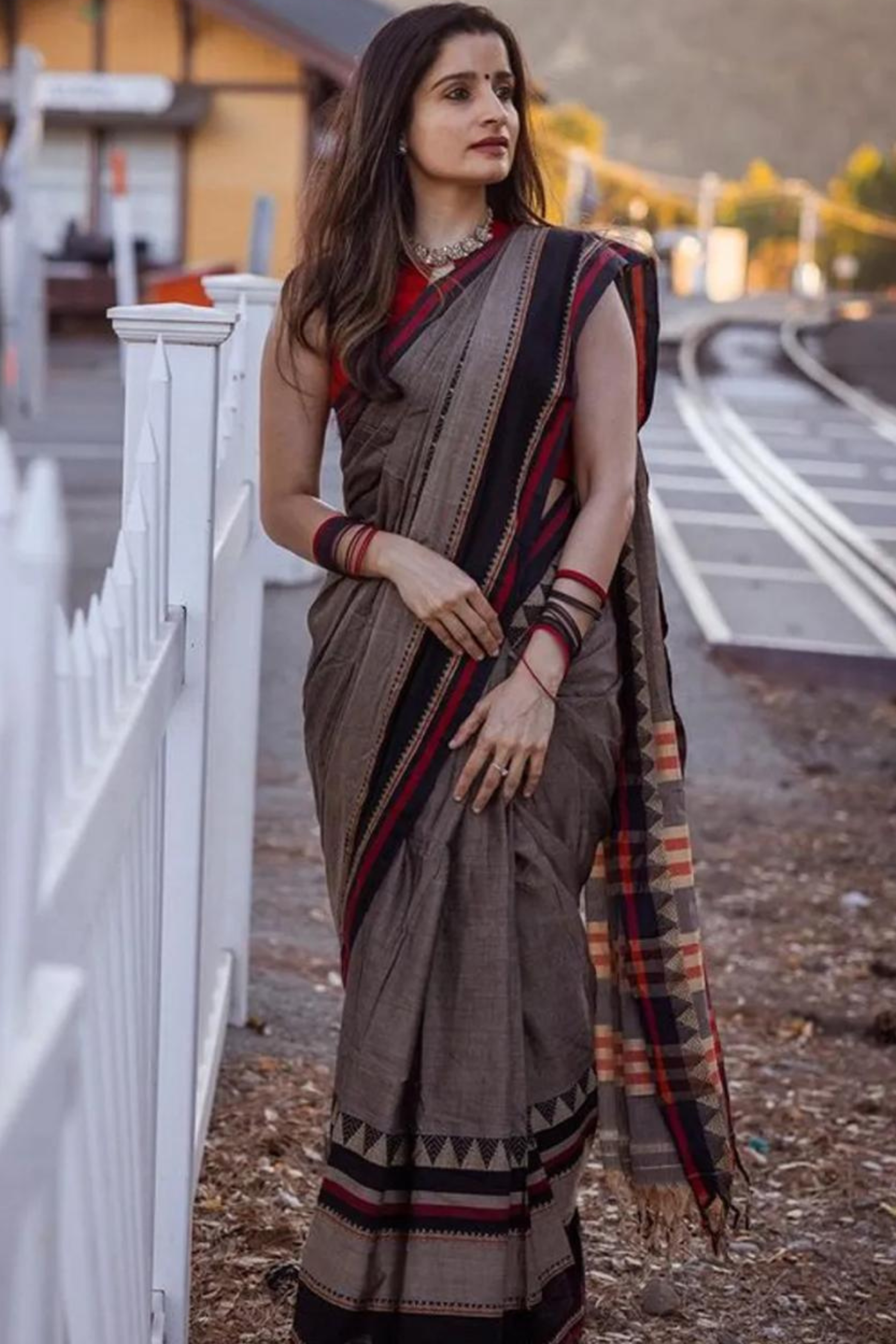 Coco Brown and Grey Shantipuri Bengal Cotton Saree