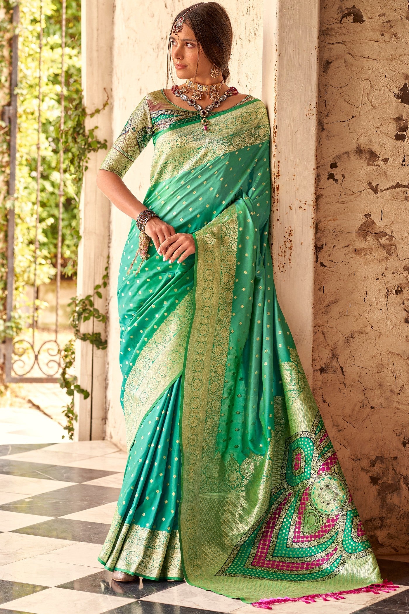 Winter Green Woven Banarasi Soft Silk Saree