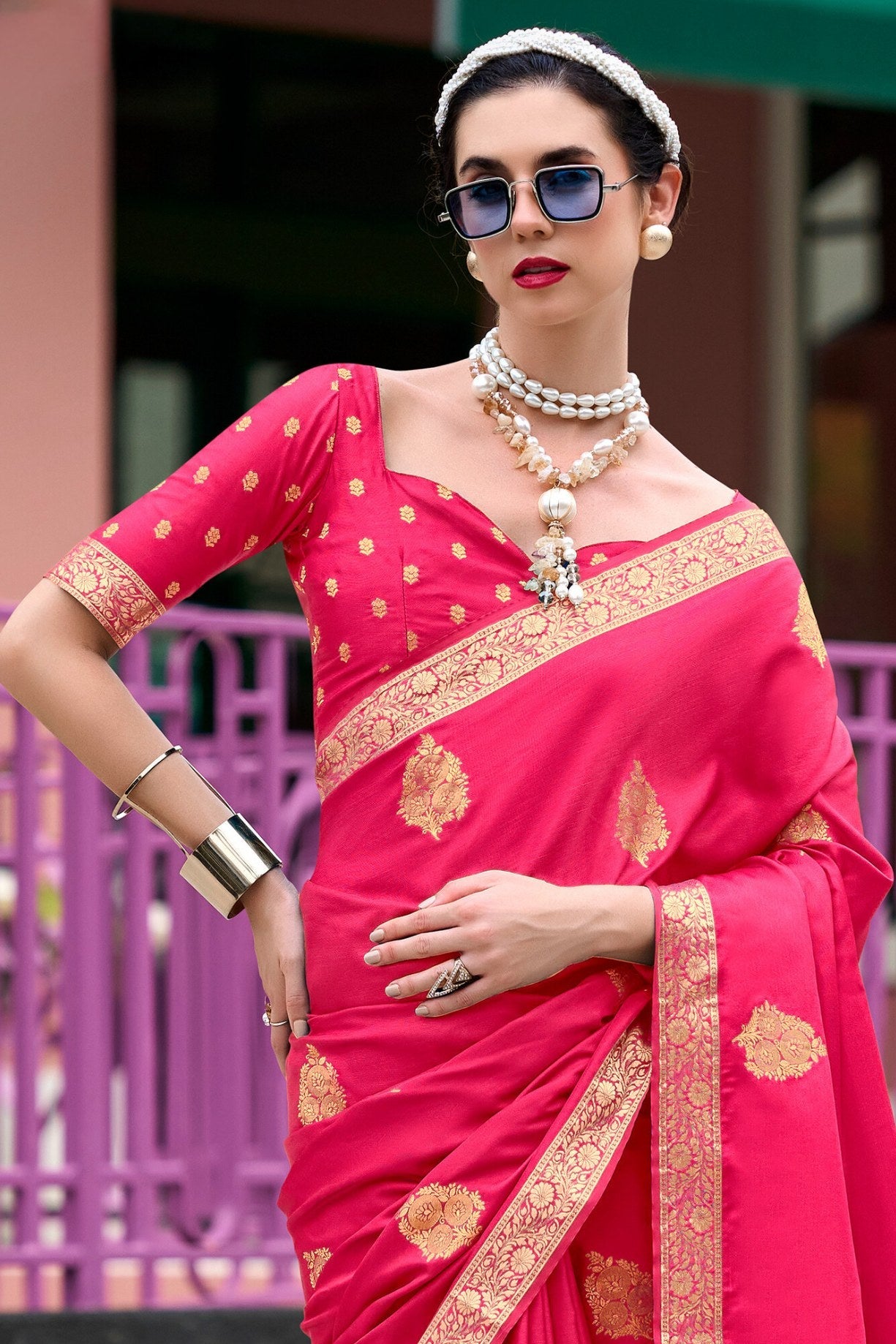 Crimson Pink Banarasi Handloom Satin Saree