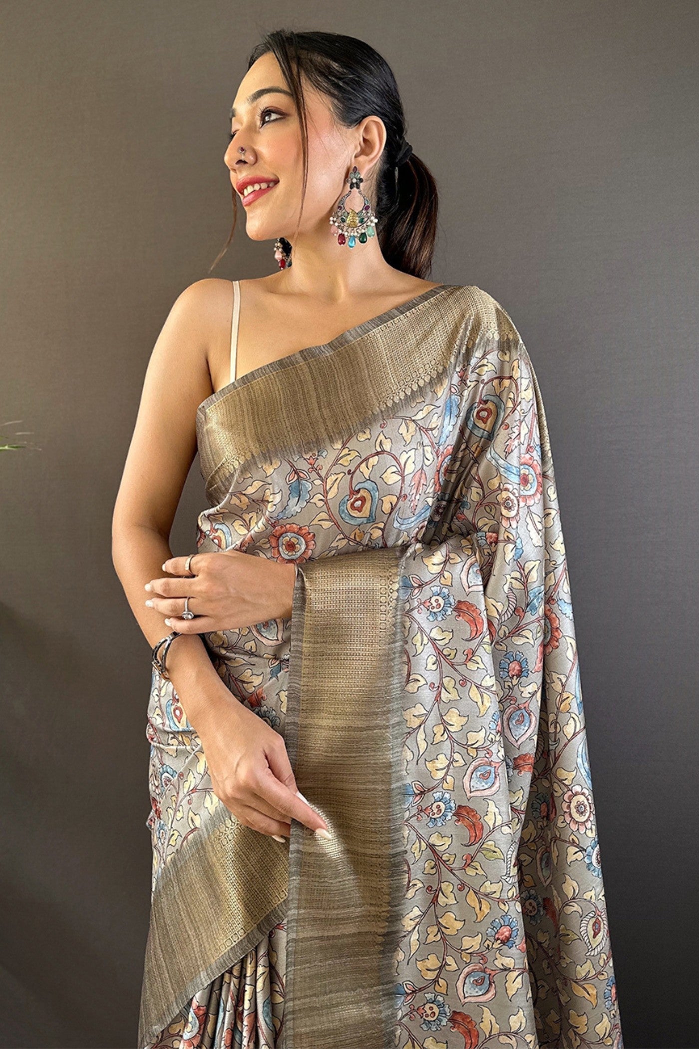 Smokey Grey Printed Tussar Silk Saree