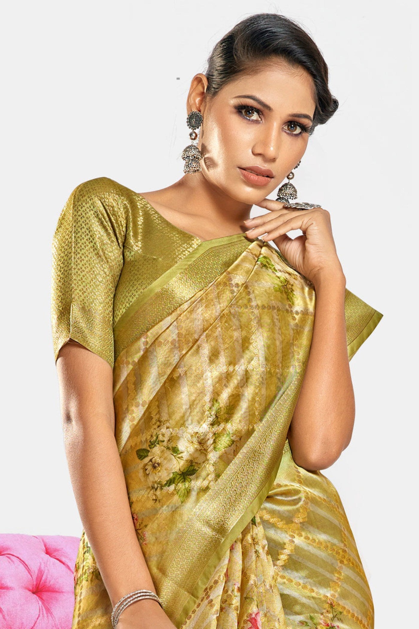 Tulip Yellow Digital Printed Banarasi Saree