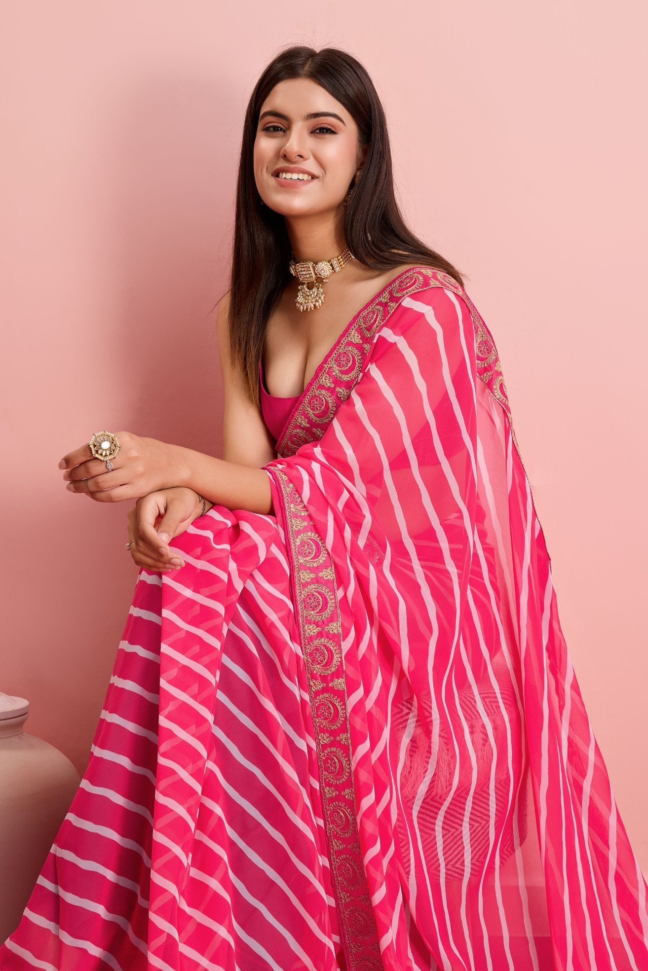 Pink Salmon Georgette Lehriya Silk saree