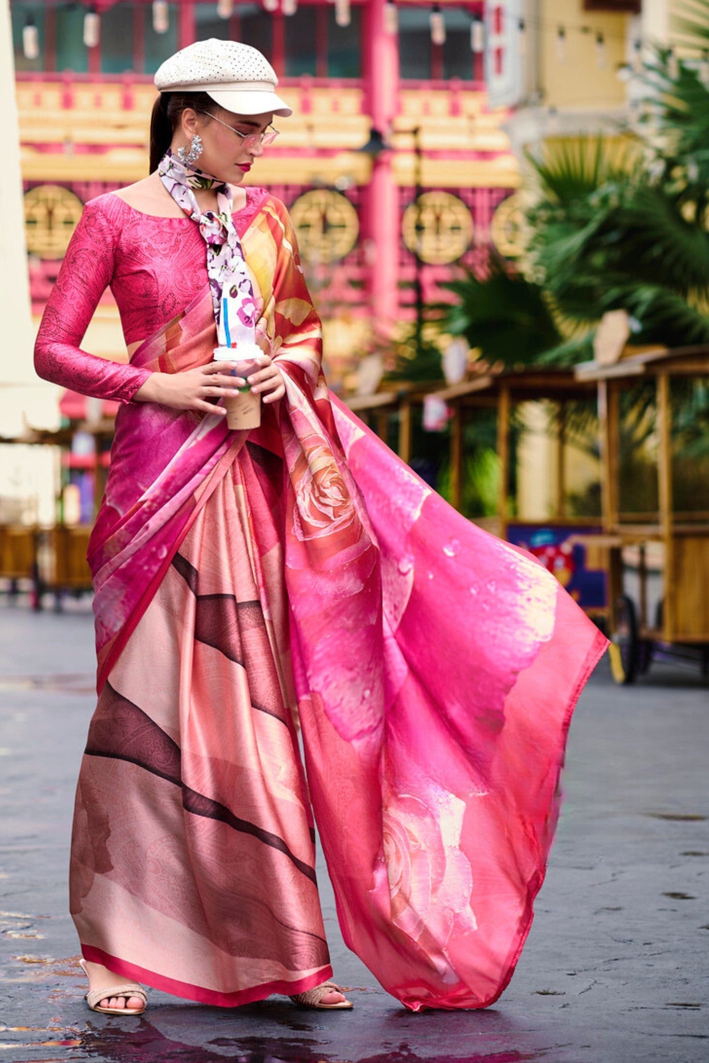 Rusty Red and Pink Printed Satin Crepe Silk Saree