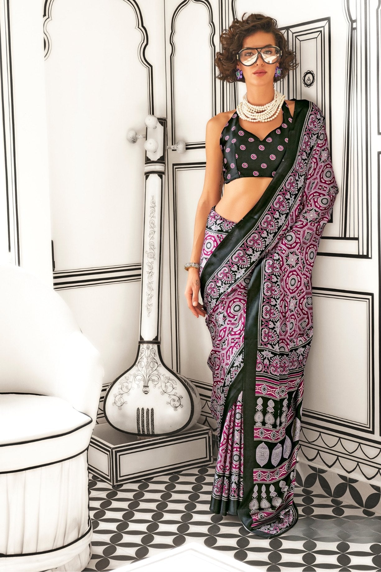 Pharlap Purple Printed Ajrakh Satin Crepe Saree