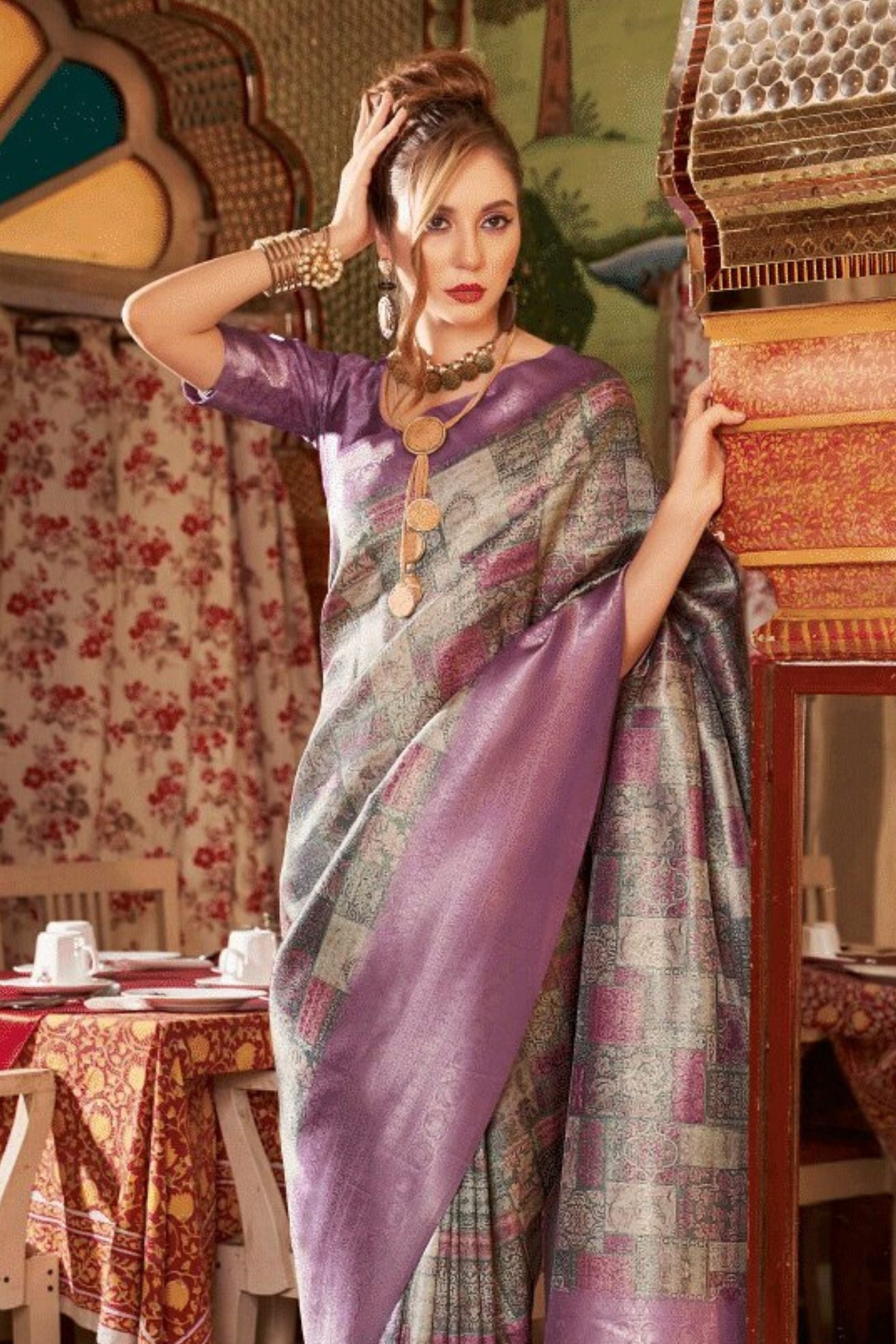 Oriental Purple and Grey Banarasi Digital Printed Saree