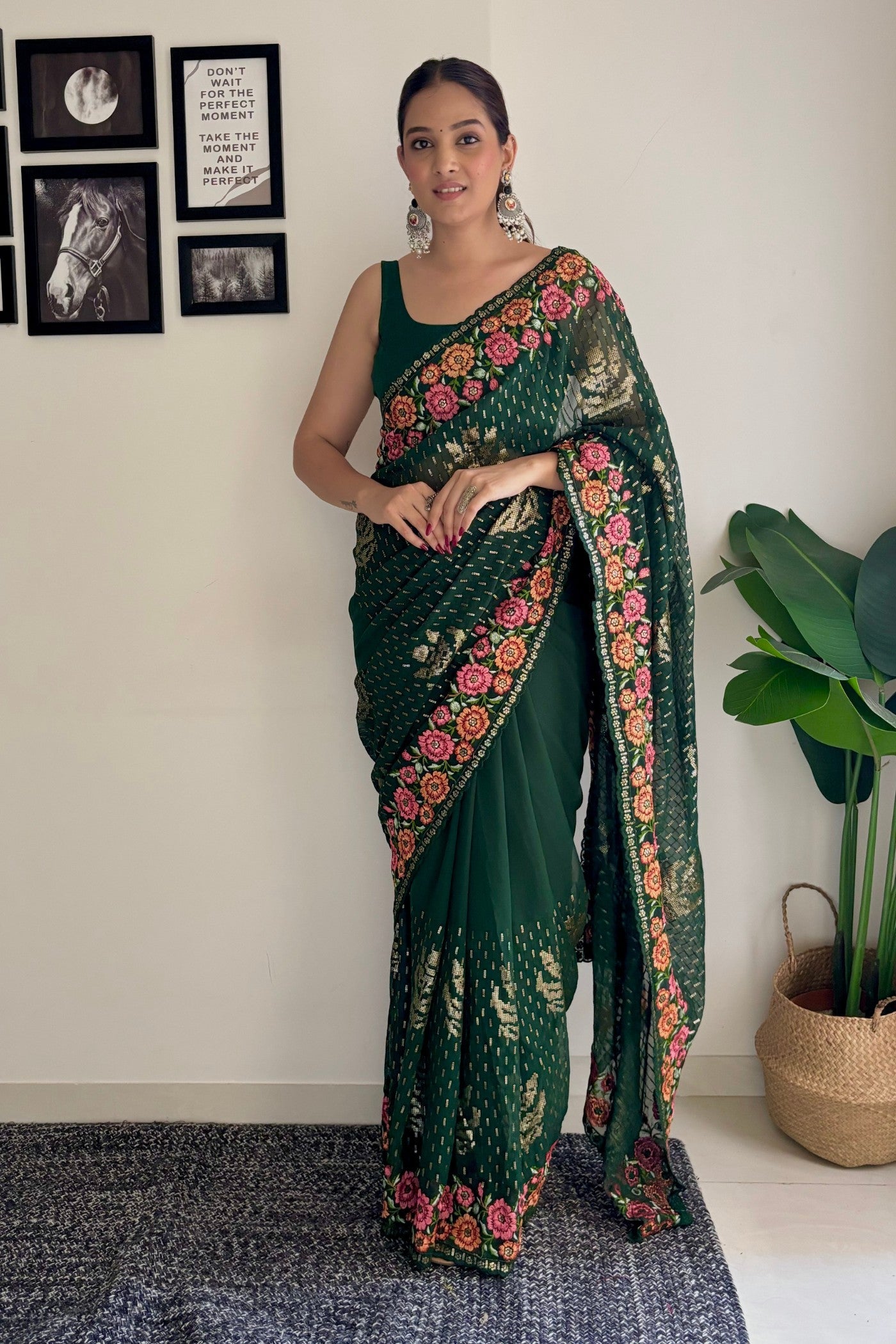 Cadmium Green Embroidery Designer Georgette Saree