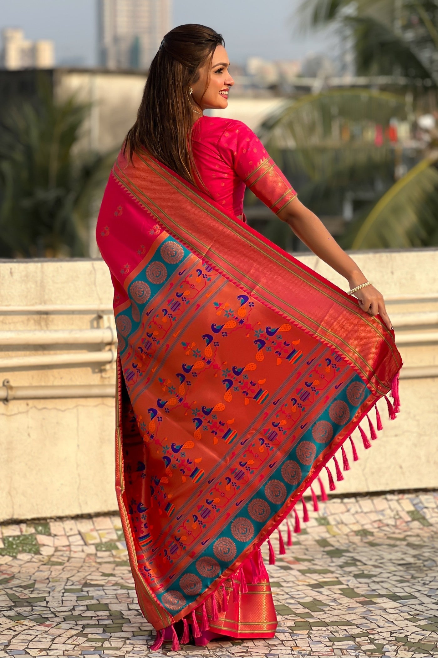 Wild Strawberry Pink Zari Woven Nath Paithani Saree