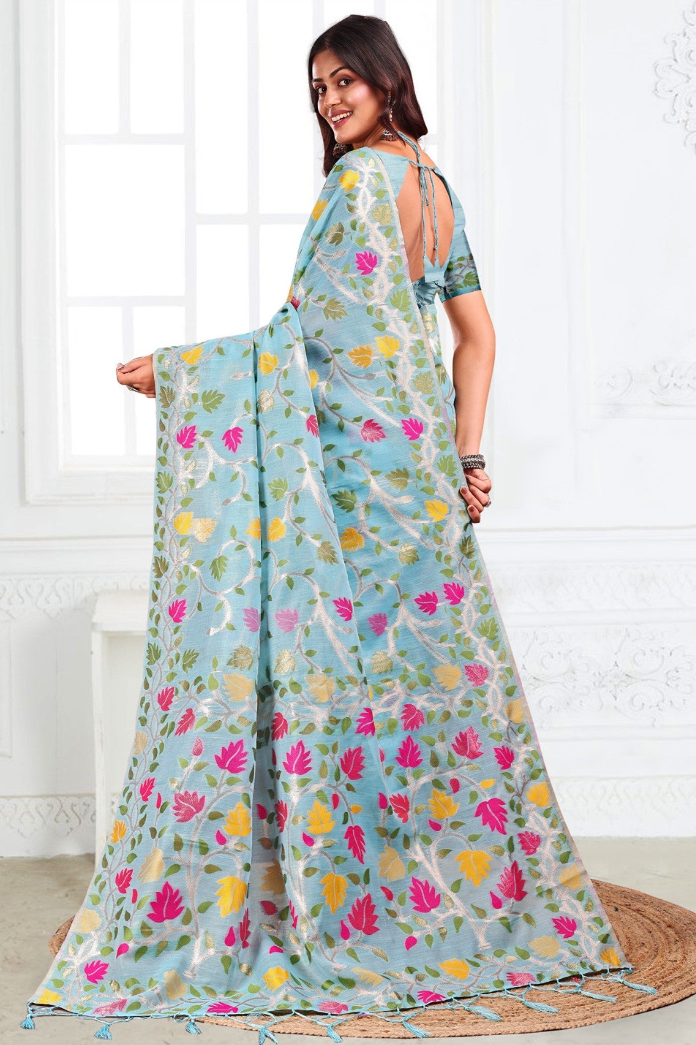 Cloudy Blue Woven Linen Cotton Saree