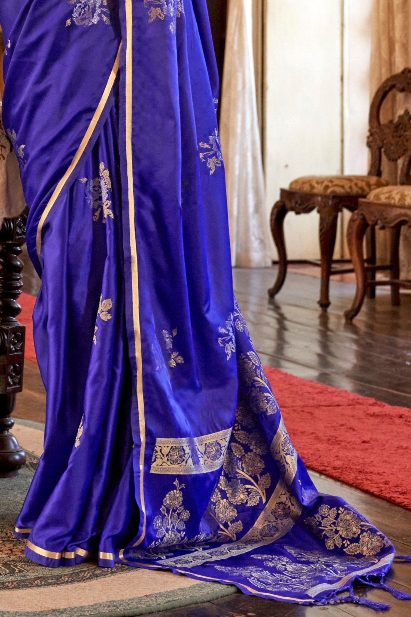 Ultramarine Blue Banarasi Satin Saree