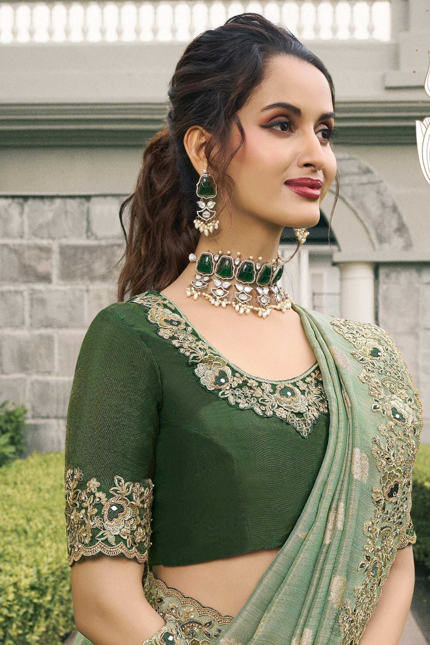 Tallow Green Banarasi Designer Embroidered Saree