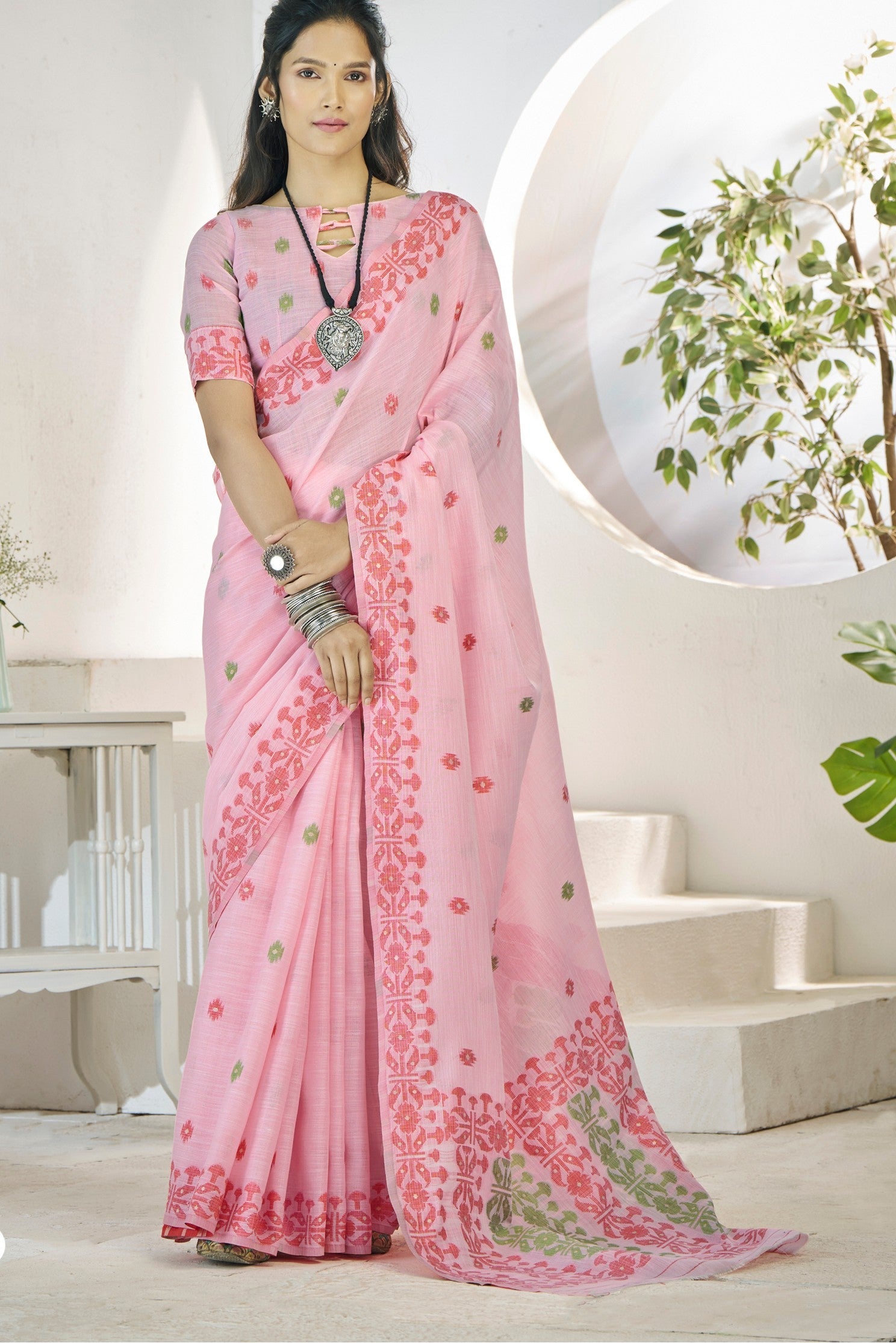 Beauty Bush Pink Woven Linen Saree