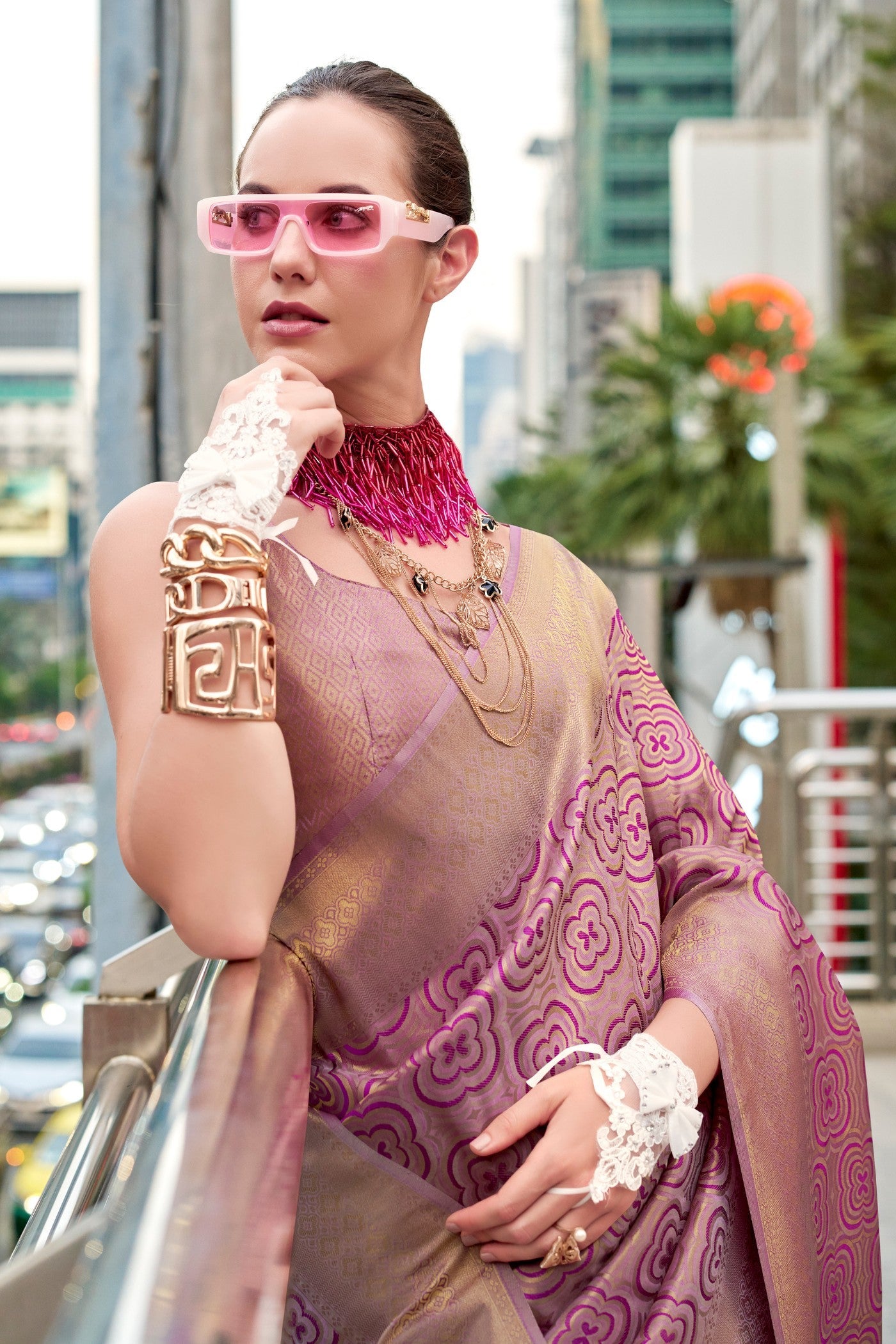 Old Rose Purple Handloom Kanjivaram Saree