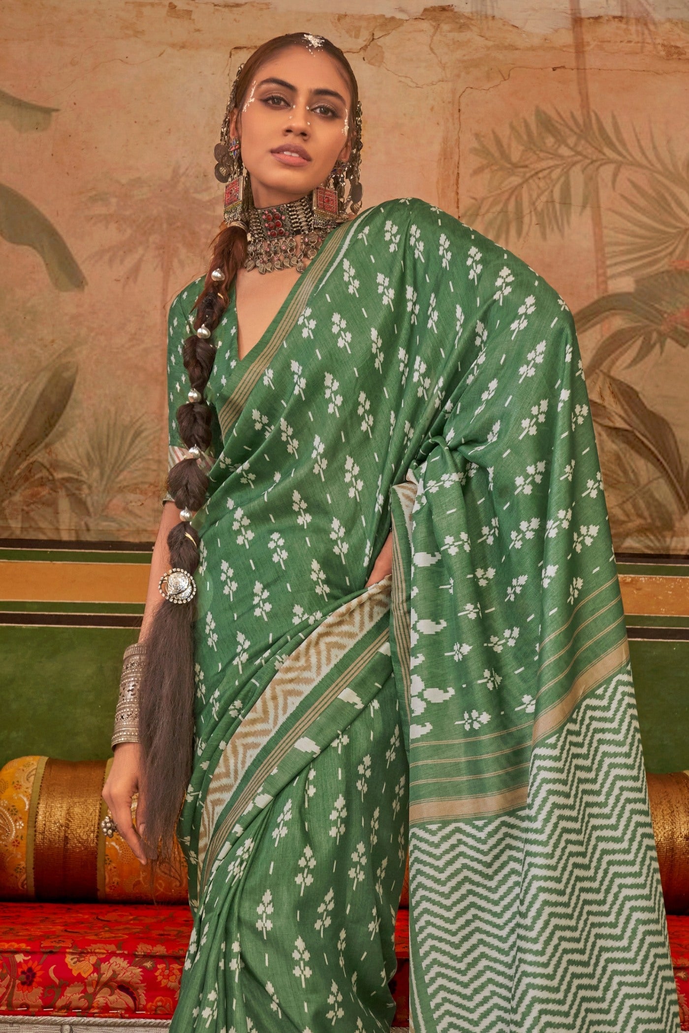 Camouflage Green Printed Patola Saree