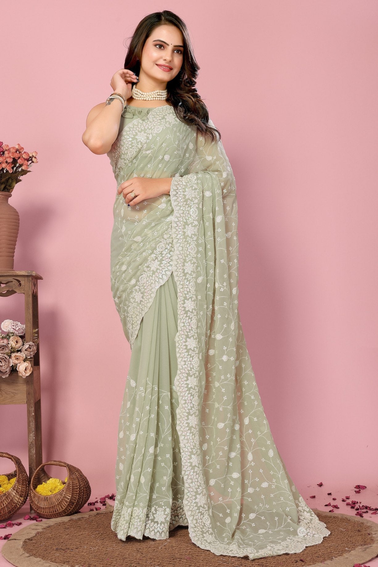 Sisal Green Georgette Embroidered Silk Saree