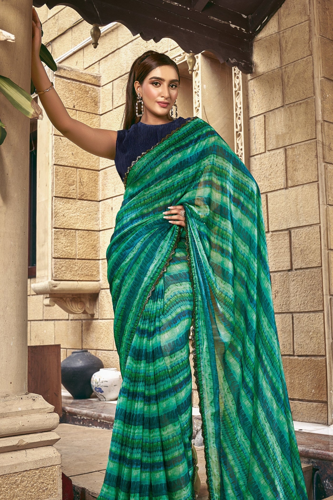 Amrapali Green Satin Printed Silk Saree