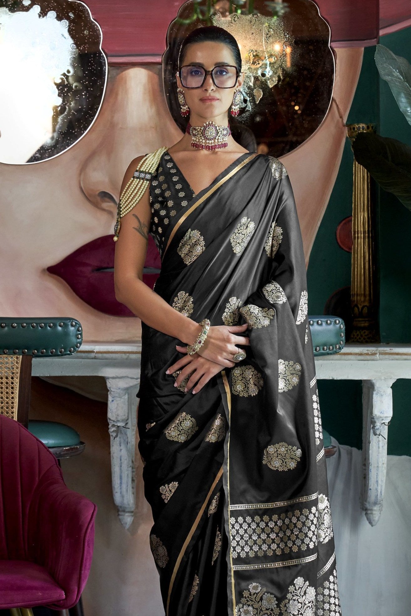 Cinder Black Banarasi Handloom Satin Saree