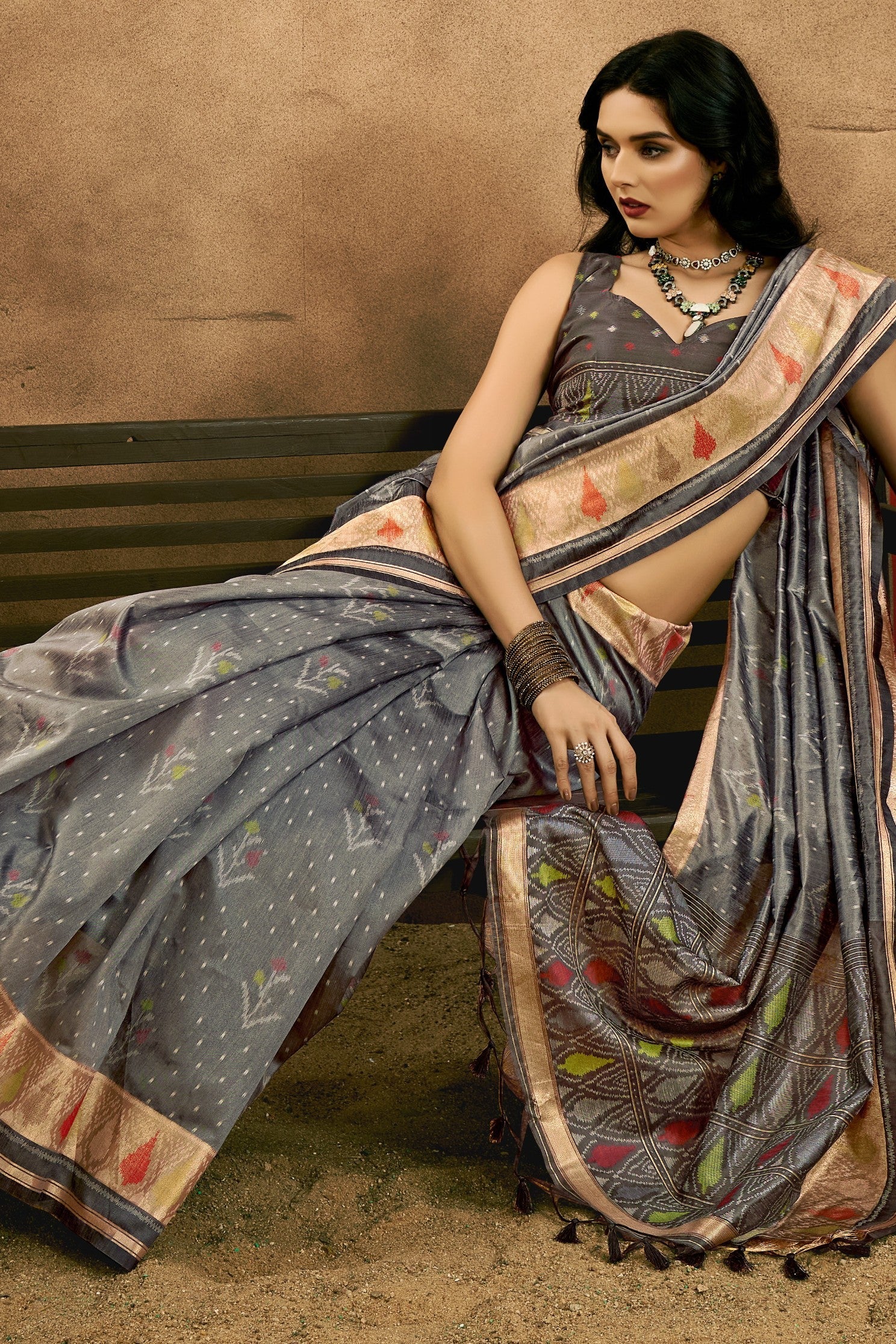 Stone Grey Patola Handloom Saree