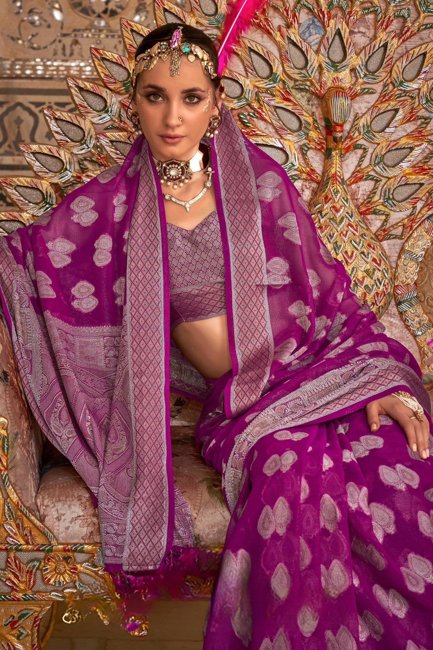 Lolipop Purple Zari Woven Georgette Saree