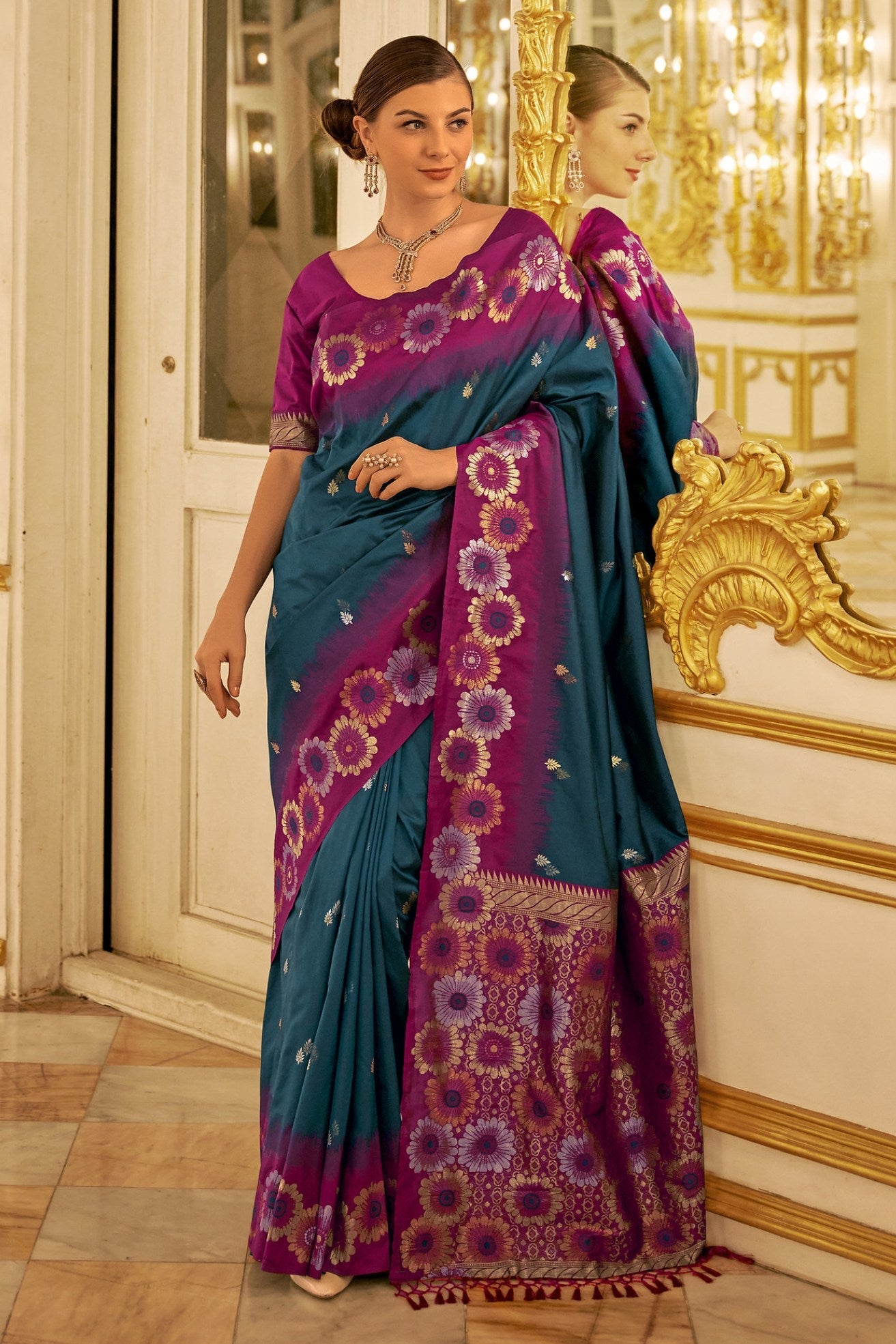 Plantation Blue and Purple Woven Banarasi Saree