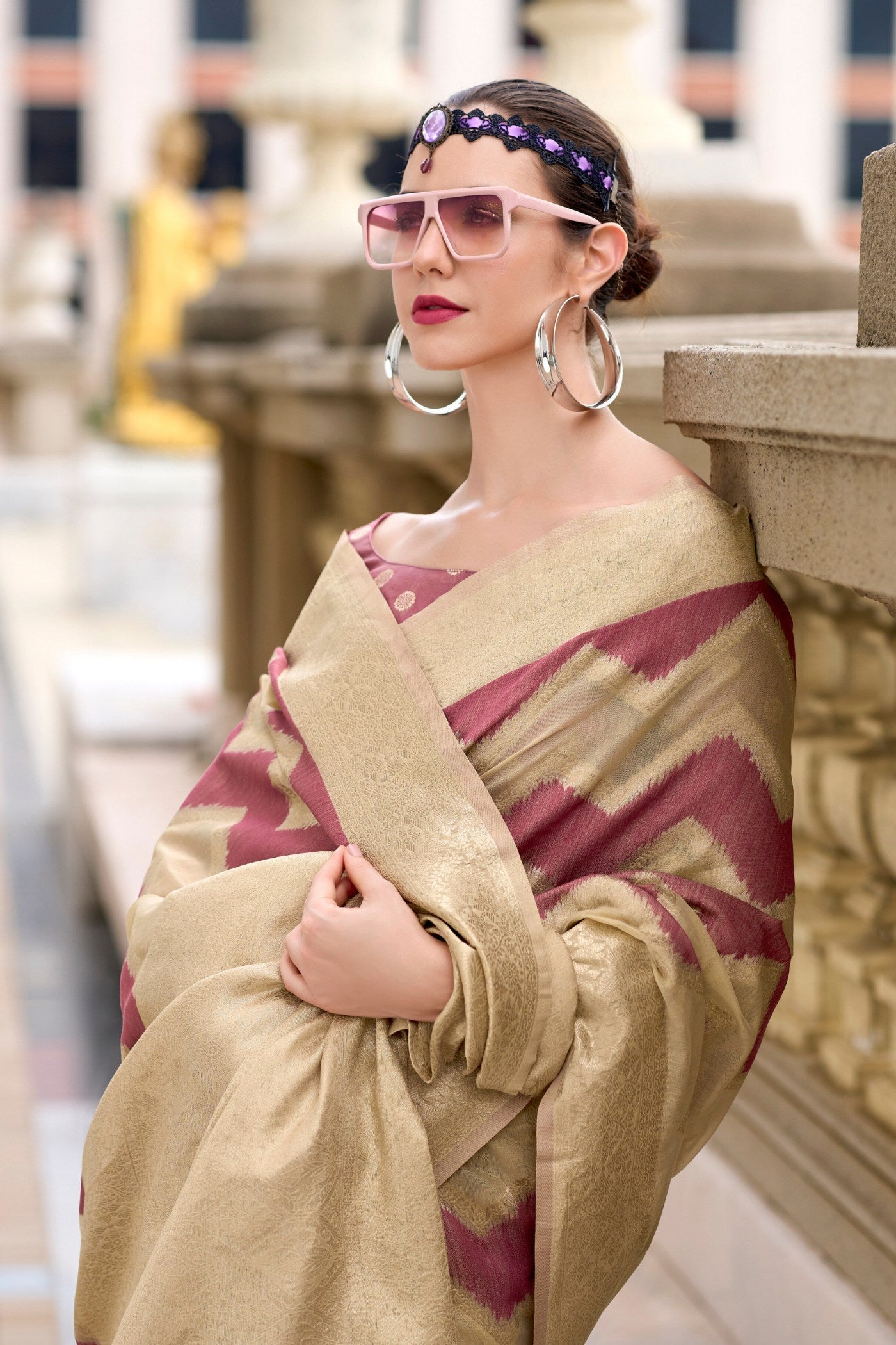 Coral Tree Brown Woven Linen Cotton Saree