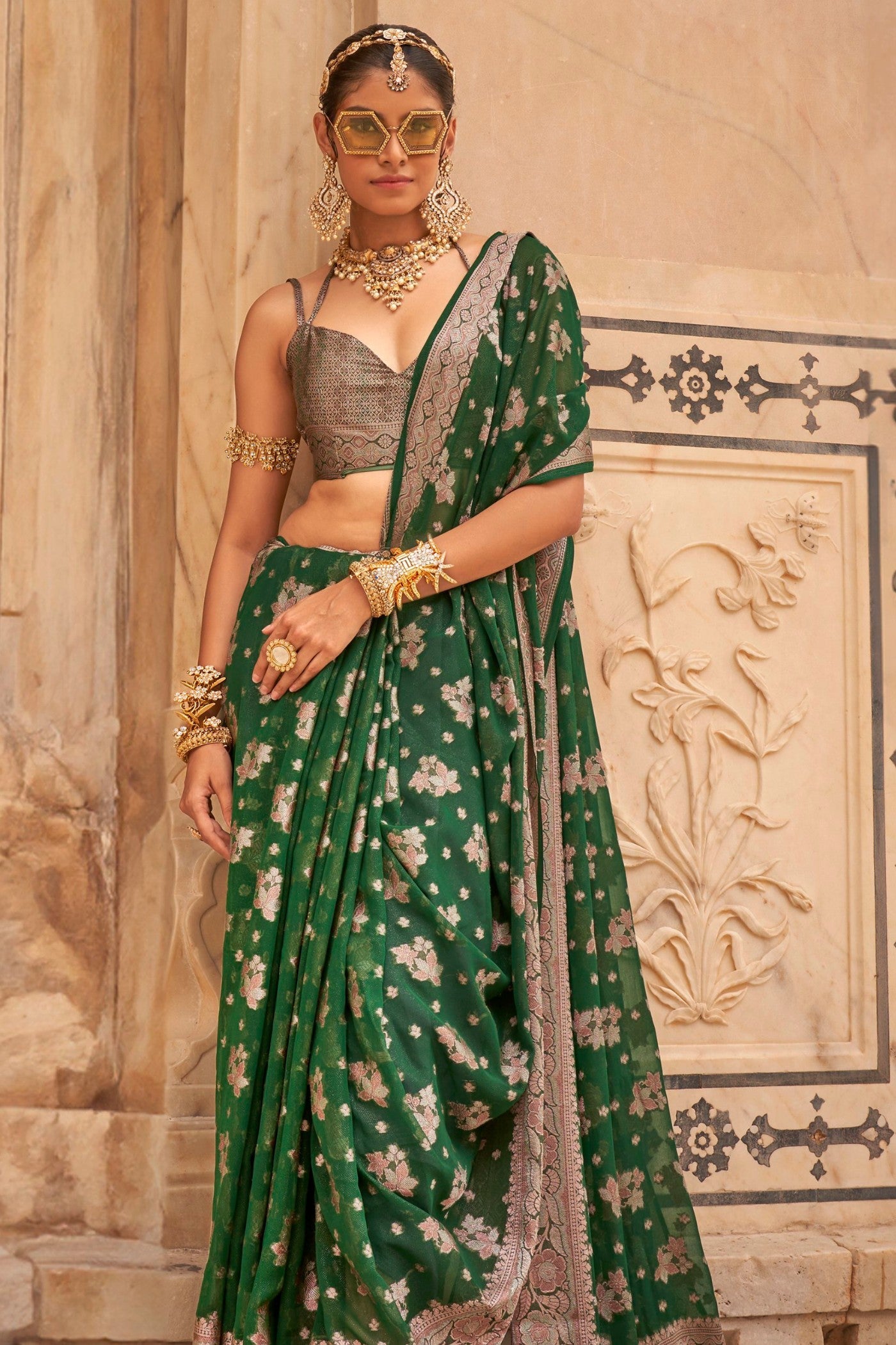 Dark Clover Green Zari Woven Georgette Saree