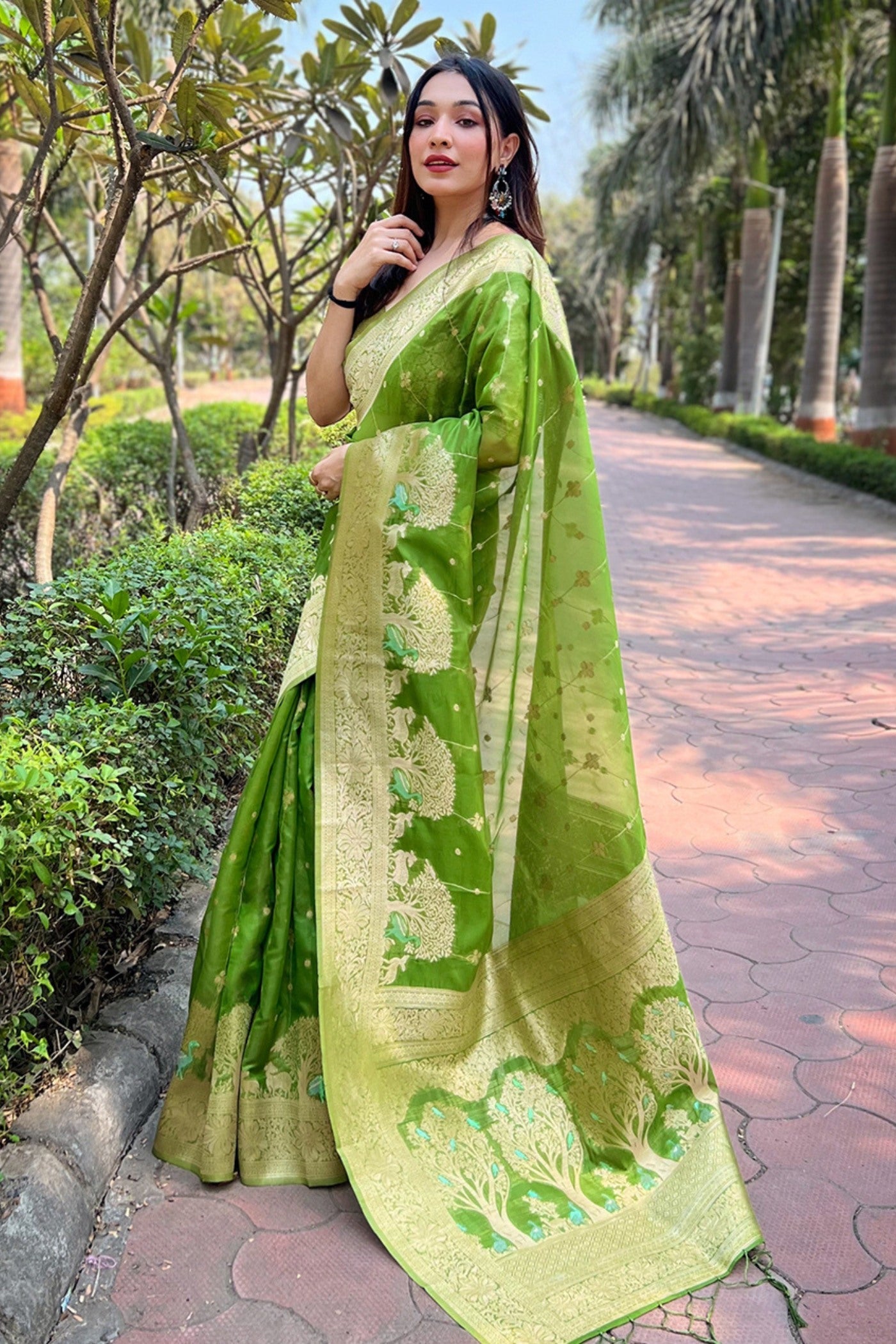 Celery Green Woven Organza Saree