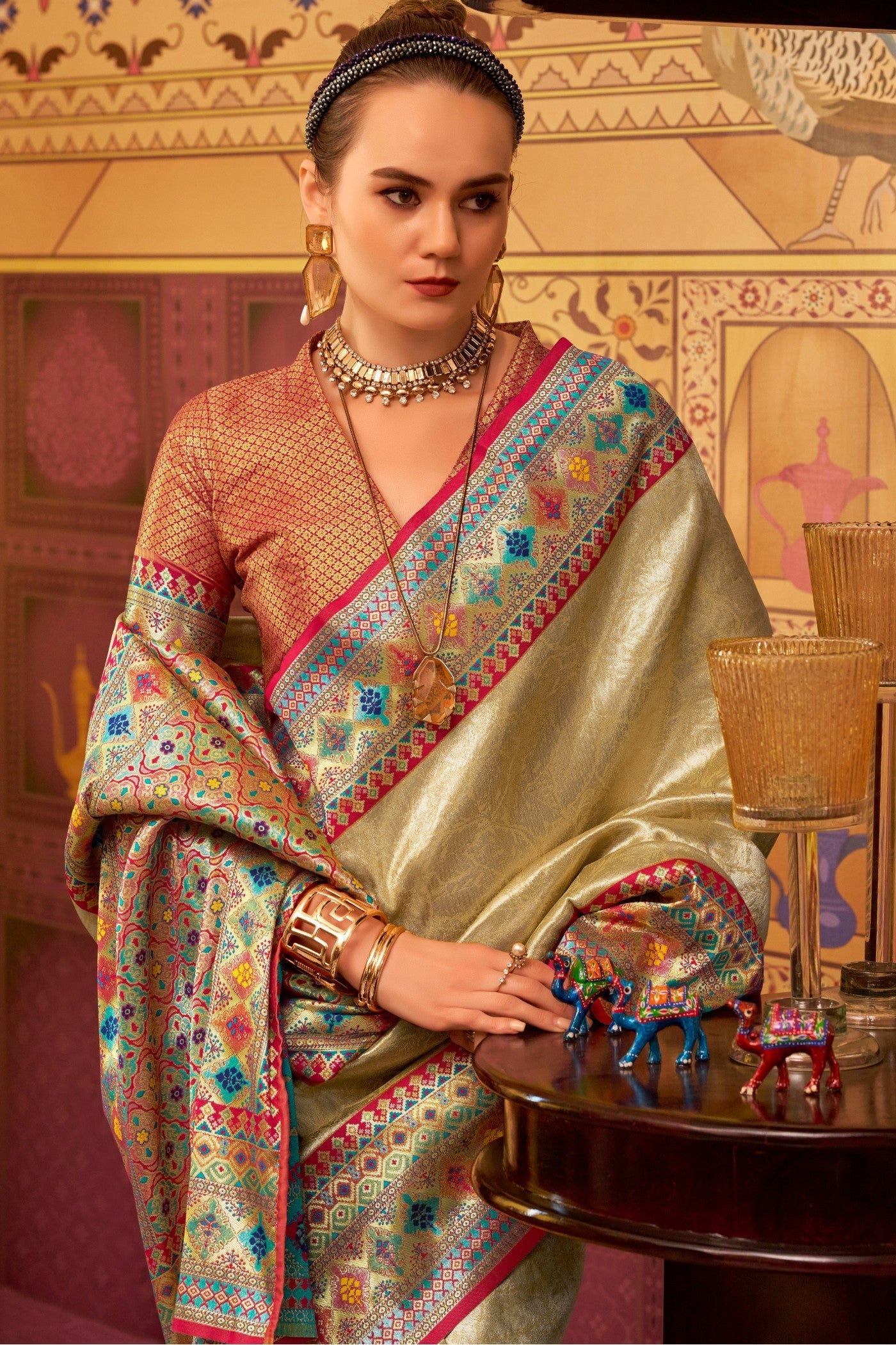 Apache Cream Woven Tissue Silk Saree