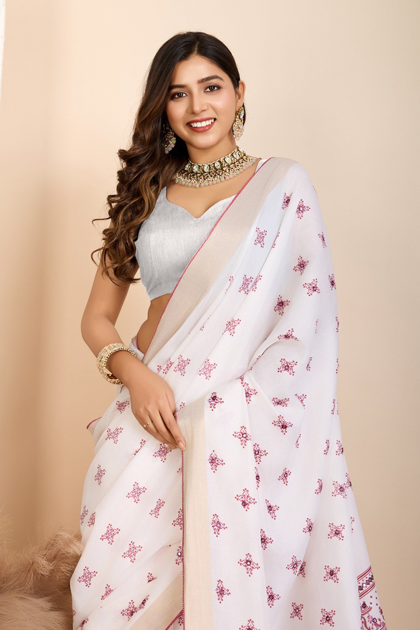 Alice White and Pink Printed Cotton Designer Saree