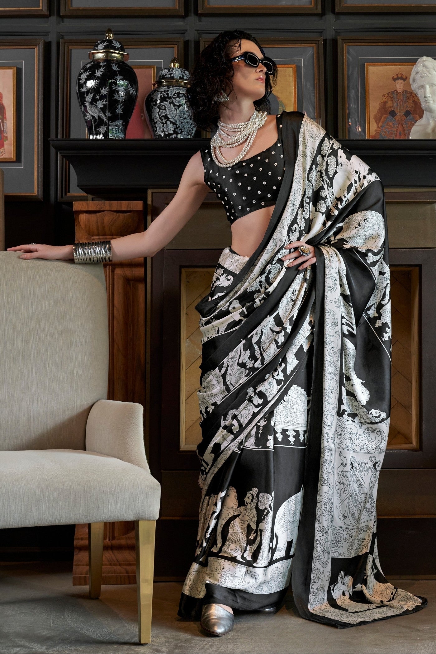 Asher Black and White Patola Printed Satin Crepe Saree